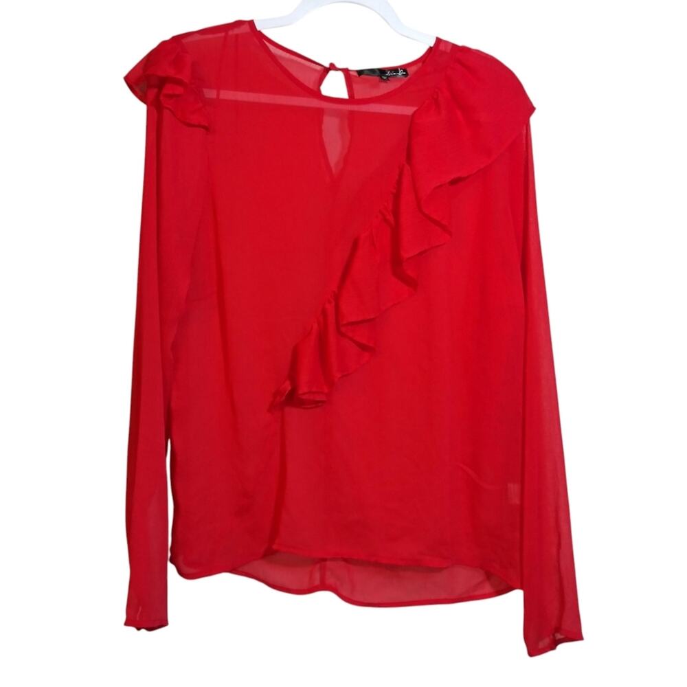 Liv On Elegant Red Ruffled Sheer Women's Blouse Top Size XL